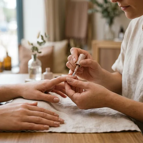 Close-up of a nude BIAB gel manicure being applied
