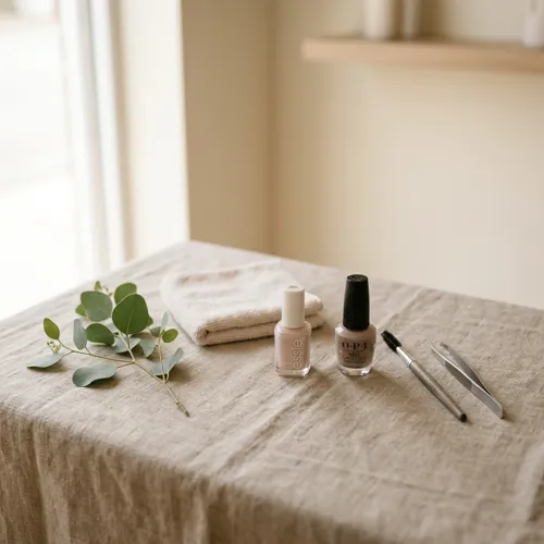 Flat lay of nail polish bottles and beauty tools on linen