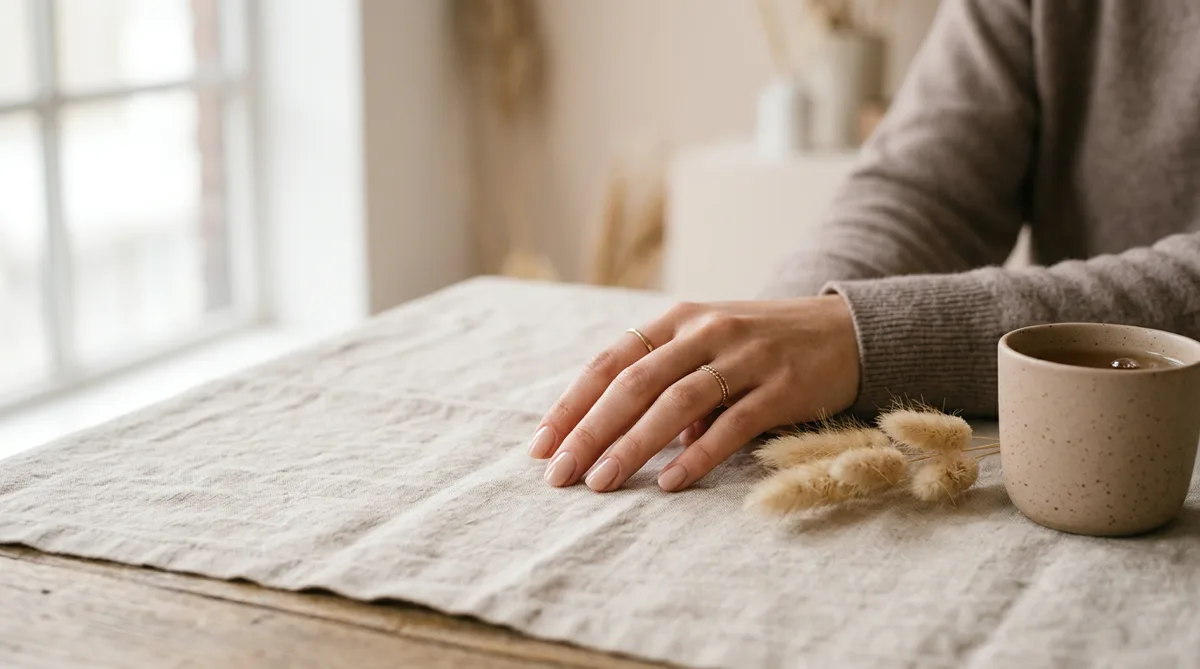 Close-up of a natural nude BIAB manicure resting on a linen table beside a warm drink