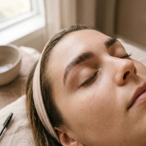 Close-up of a freshly laminated, groomed eyebrow